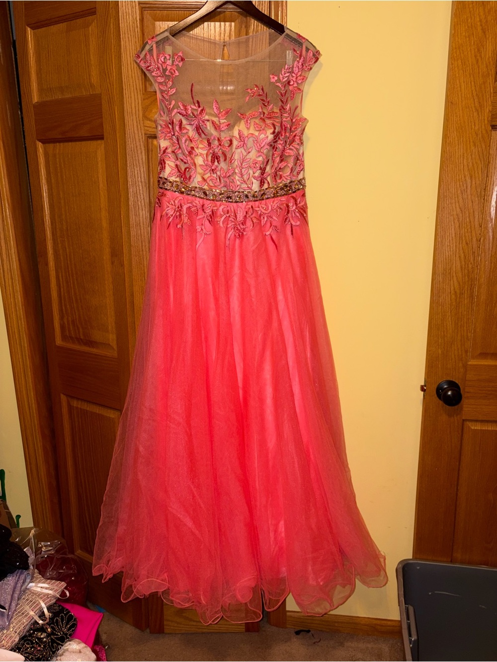 Splash Coral Pink Embroidered Tulle Gown for Girls